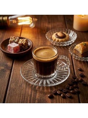 Hype Store 6’lı Cam Kahve Fincanı Seti – Boncuk Kulplu Şeffaf Espresso & Türk Kahvesi Fincan Takımı (Tabaklı)