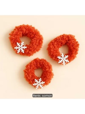 Bodrum Asel El Örgüsü Peluş Kış Tokası (3'lü Set) - Turuncu Renk Kar Tanesi Detaylı Scrunchie