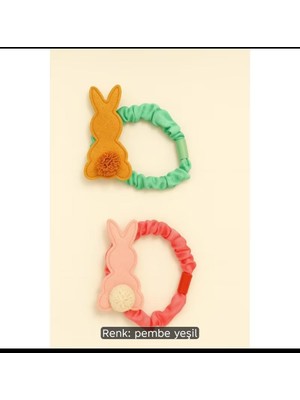 Bodrum Asel Tavşanlı Ikili Toka Seti: Somon/pembe ve Hardal/turuncu Tavşan Figürlü, Ponpon Kuyruklu, Kumaş Lastik Tokalar (Scrunchie).