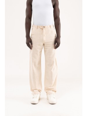 Machinist Clothing Erkek Keten Bağcıklı Pantolon Ekru