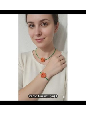 Bodrum Asel El Yapımı Çiçekli Choker Kolye ve Bilezik Seti. Canlı Renk Kombinasyonu