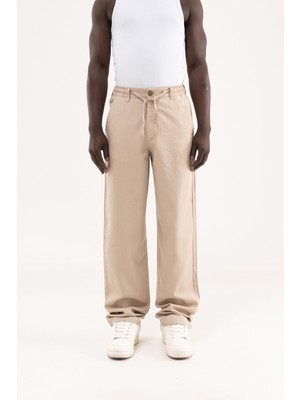 Machinist Clothing Erkek Keten Çizgili Bağcıklı Pantolon Bej