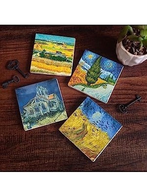 Hype Store Hasat Manzarası, Yıldızlı Yol, Buğday Tarlası ve Kargalar, Kilise Taş Bardak Altlığı Seti - 4 Parça - Dekoratif, Rustik Mutfak Aksesuarı, 10X10 Cm, Kaydırmaz Tabanlı SC225