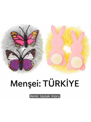 Bodrum Asel 2’li Peluş Saç Tokası Seti – Sarı Tavşanlı & Gri Kelebekli Fluffy Scrunchie | Yumuşak Peluş Lastik Toka | Menşei Türkiye