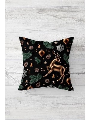 Hype Store Pelangi Yeni Yıl Geyikli Çift Tarafı Baskılı Gizli Fermuarlı Yastık Kılıfı Kırlent Koltuk Yastık Kılıfı, Siyah-Bronz 45 x 45