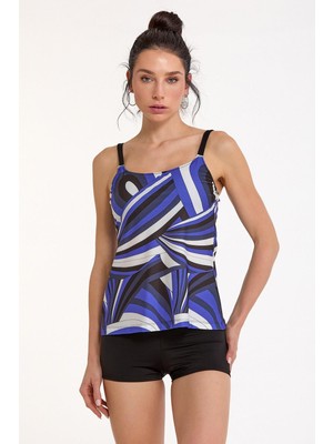 Argento Kadın Desenli Şortlu Tankini Mayo Siyah Askılı Rahat Kalıp C1T1N033600