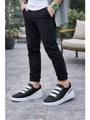 DMR Elegance JY029 Mono Bağcıksız 3 Bantlı Lastikli Legend Cilt Erkek Günlük Sneaker Ayakkabı Cbt - Siyah/beyaz