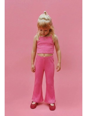 Magu Kız Çocuk Pembe Fitilli Crop Tayt Takım