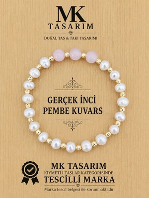 Mk Tasarım Gerçek Inci-Pembe Kuvars Taşı Bileklik MK.7000.818- Rahatlık-Dinginlik-Enerji- Stres Bilekliği