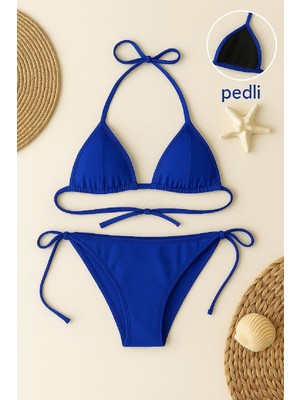 Kadın Mavi Yandan ve Boyundan Bağlamalı Bikini Mayo Takımı