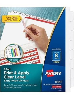 Avery 8-Tab Wide Binder Dividers, Easy Print & Apply Clear Label Strip, Index Maker, Beyaz, 5 Set (11440)