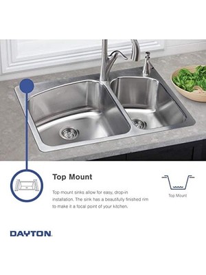 Dayton D125211 Tek Kase Üstten Montajlı Paslanmaz Çelik Evye, 25 x 21