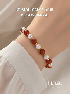 Tuan Collection Yüksek Kalite Kristal Inci ve Akik Doğal Taş Bileklik Pozitif Enerji Şifa