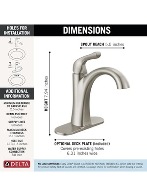 Arvo Tek Delikli Banyo Bataryası Fırçalanmış Nikel, Tek Kolu Banyo Bataryası, Banyo Lavabo Bataryası, Tahliye Montajı Dahil, Spotshield Paslanmaz 15840LF-SP