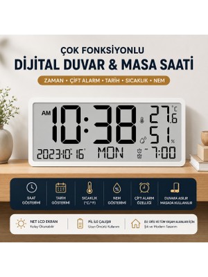 Çok Fonksiyonlu LCD Ekran Dijital Duvar Masa Saati Zaman Çift Alarm Tarih Sıcaklık Nem