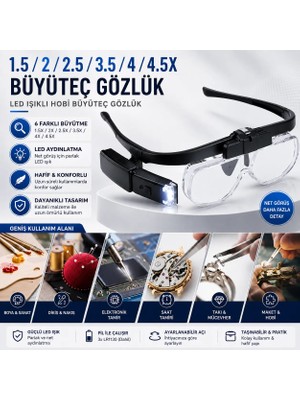 Şarjlı Işıklı Gözlük Büyüteç 3 Lensli Okuma Kuyumcu Gözlüğü Saatçi Onarımı Dokuma Sanatı