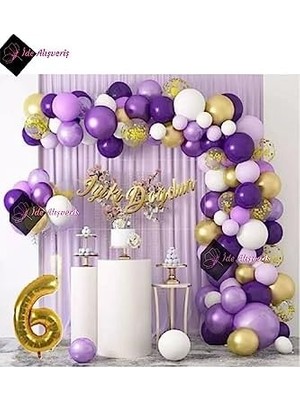 6 Yaş Macaron Mor Balon Zinciri Seti Gölge Mor Altın Balon Dekorasyon BMCNM768