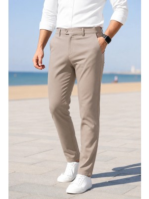 Ser Joven Erkek Vizon Slim Fit Likralı Yan Cep Bilek Boy Düz Kumaş Pantolon