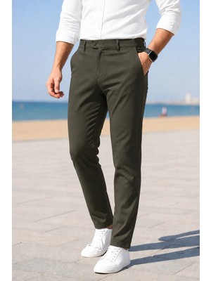 Modamesto Erkek Koyu Yeşil Slim Fit Likralı Yan Cep Bilek Boy Düz Kumaş Pantolon