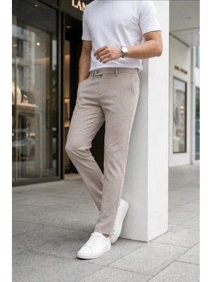 Modamesto Erkek Vizon Slim Fit Likralı Yan Cep Bilek Boy Düz Kumaş Pantolon