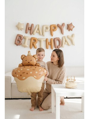Partixa Ayıcık Figürlü Kahverengi Retro Cupcake Folyo Balon Baby Shower Doğum Günü Parti Süsü
