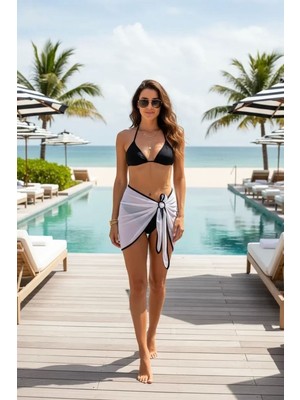 Hobilinka Kadın Siyah Beyaz Pareolu 3’lü Bikini Takımı Yandan ve Boyundan Bağlamalı Pedli Şık Plaj S