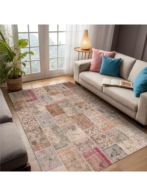 Dizayn Senda Patchwork Desenli Şönil Pamuk Tabanlı Yıkanabilir Kaymaz Antibakteriyel Salon Halısı 120X180