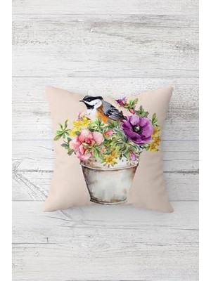 Pelangi Çiçek ve Kuş Desenli Çift Tarafı Baskılı Gizli Fermuarlı Yastık Kılıfı Kırlent Koltuk Yastık Kılıfı, Pudra 45 x 45, 24691168545451