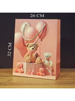 FT Tasarım Ayıcık Desenli Pembe Büyük Boy Karton Hediye Çantası