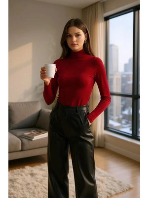 Hobilinka Kadın Bordo Parmak Geçmeli Uzun Kollu Body Esnek Fit Bluz