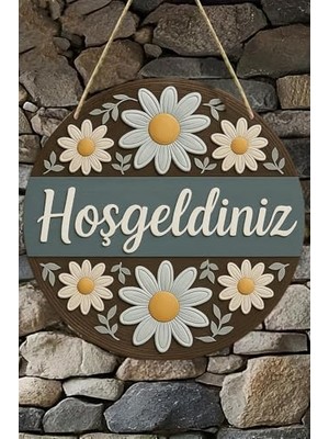 Hoş Geldiniz Çiçekli Uv Baskı 3D Görünümlü Mdf Kapı Süsü | Askılı Silinebilir Dekoratif KS012,KS012 20 x