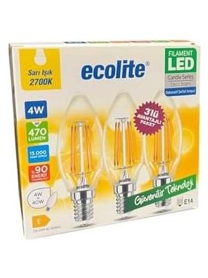 4W LED Filament Mum Ampul, E14 Duy, 2700K Sarı Işık, 470 Lümen, Şeffaf Cam, Akkor Görünümlü Dekoratif Lamba, 3'lü Paket