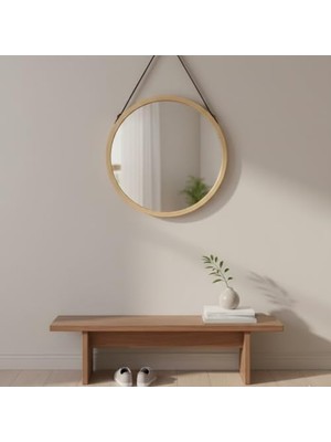 Ahşap Çerçeveli Yuvarlak Duvar Aynası 40 cm – Askılı Halatlı, Modern Minimal Dekoratif Ayna