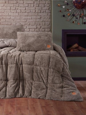 Çift Kişilik Peluş Yorgan Seti Bej 195X215 cm Adaçayı 195 x 215