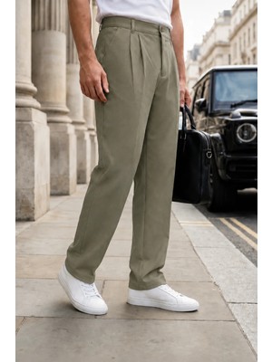 Modamesto Erkek Haki Baggy Fit Rahat Kesim Pileli Kumaş Pantolon