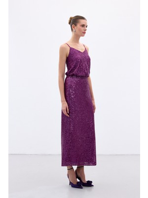 Sateen Karolin Midi Etek - Mürdüm