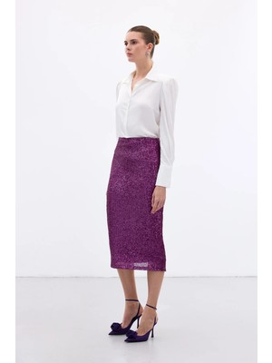 Sateen Payet Detaylı Kalem Etek - Mürdüm