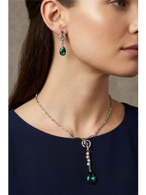 Petek Aksesuar Gümüş Metal Kristal Damla Taş Kolye Küpe Set