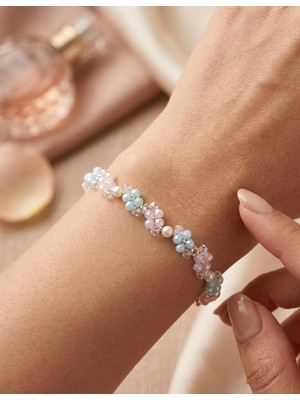 My Balli Store Çiçekli Kristal Boncuk Bileklik - Incili Mavi Pembe Kadın Takı