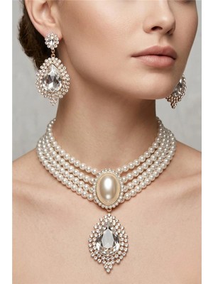 Petek Aksesuar Incili Taşlı Kristal Choker Kolye Küpe Set