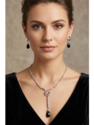 Petek Aksesuar Gümüş Metal Kristal Damla Taş Kolye Küpe Set