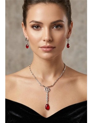 Petek Aksesuar Gümüş Metal Kristal Damla Taş Kolye Küpe Set