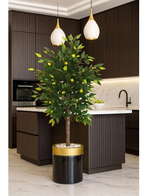 Altun Çiçekcilik Yapay Limon Ağacı 150 cm Yeşil Yaprakları Lux Metal Saksı Dahil