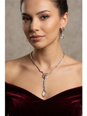 Petek Aksesuar Gümüş Metal Kristal Damla Taş Kolye Küpe Set