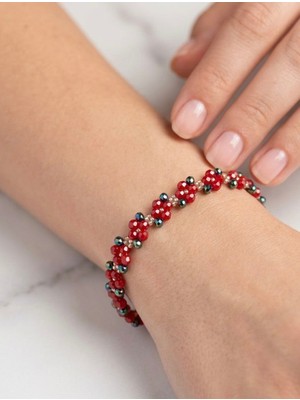 My Balli Store Çiçek Desenli Kırmızı Kristal Boncuk Bileklik - Kadın Şık Takı