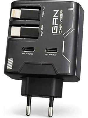 Colezium Gan+ Pd 40W Hızlı Şarj Adaptörü Çoklu Çıkış Usb-C Lightning Kablolu Hızlı Şarj  Ev Ofis Uyumlu Siyah