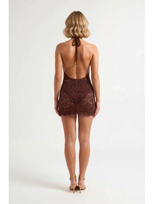 Benerly Kadın Halter Yaka Sırt Dekolteli Örme Mini Elbise Bodycon Kesim Dokulu Desen Astarsız Günlük Rahat