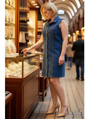 Benerly Kadın Büyük Beden Kolsuz Gömlek Yaka Cepli Shift Kesim %100 Pamuk Denim Elbise Günlük Rahat Modern