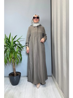 Miss Dalida Gömlek Yaka Ipek Keten Uzun Elbise Vizon 2264351