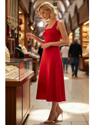Benerly Kadın Kare Yaka Kolsuz A Kesim Midi Dokuma Abiye Elbise Astarlı Polyester Karışım Günlük Rahat Şık